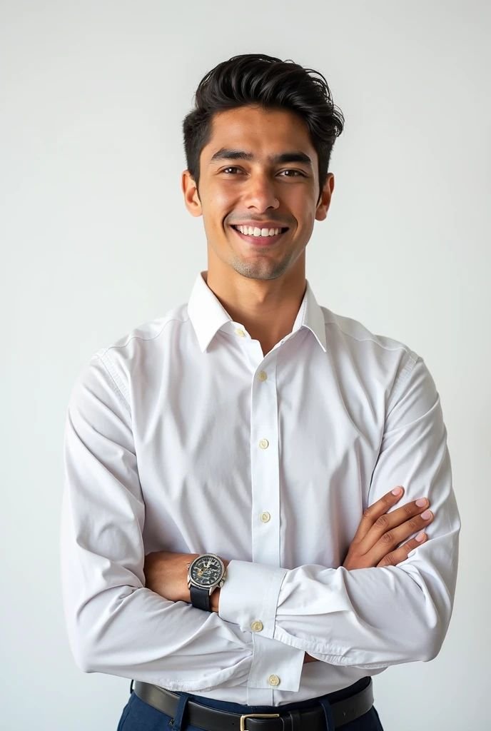 Formal photo of young Latino man on white background